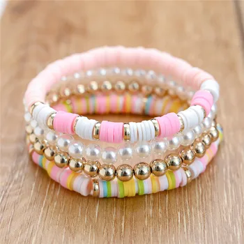 4Pcs/set Boho Round Heishi Beads Multilayer Wrap Bracelet Set Fashion Simulated Pearl Bracelets & Bangles Wristband Jewelry