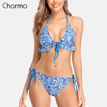 

Charmo Women Bikini Set Lotus Leaf Bikini Tied Front Bandages Swimwear Printed Sexy Push Up Swimsuit