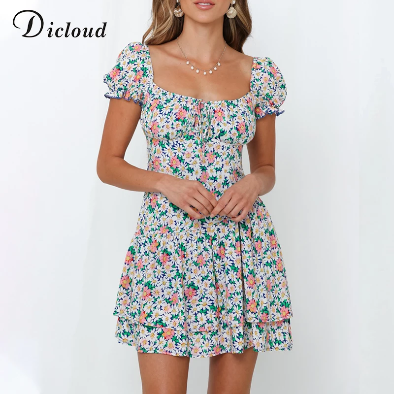 DICLOUD Boho Летнее женское платье с цветочным принтом и квадратным воротником, элегантный пляжный праздничный сарафан, сексуальная женская одежда с открытой спиной