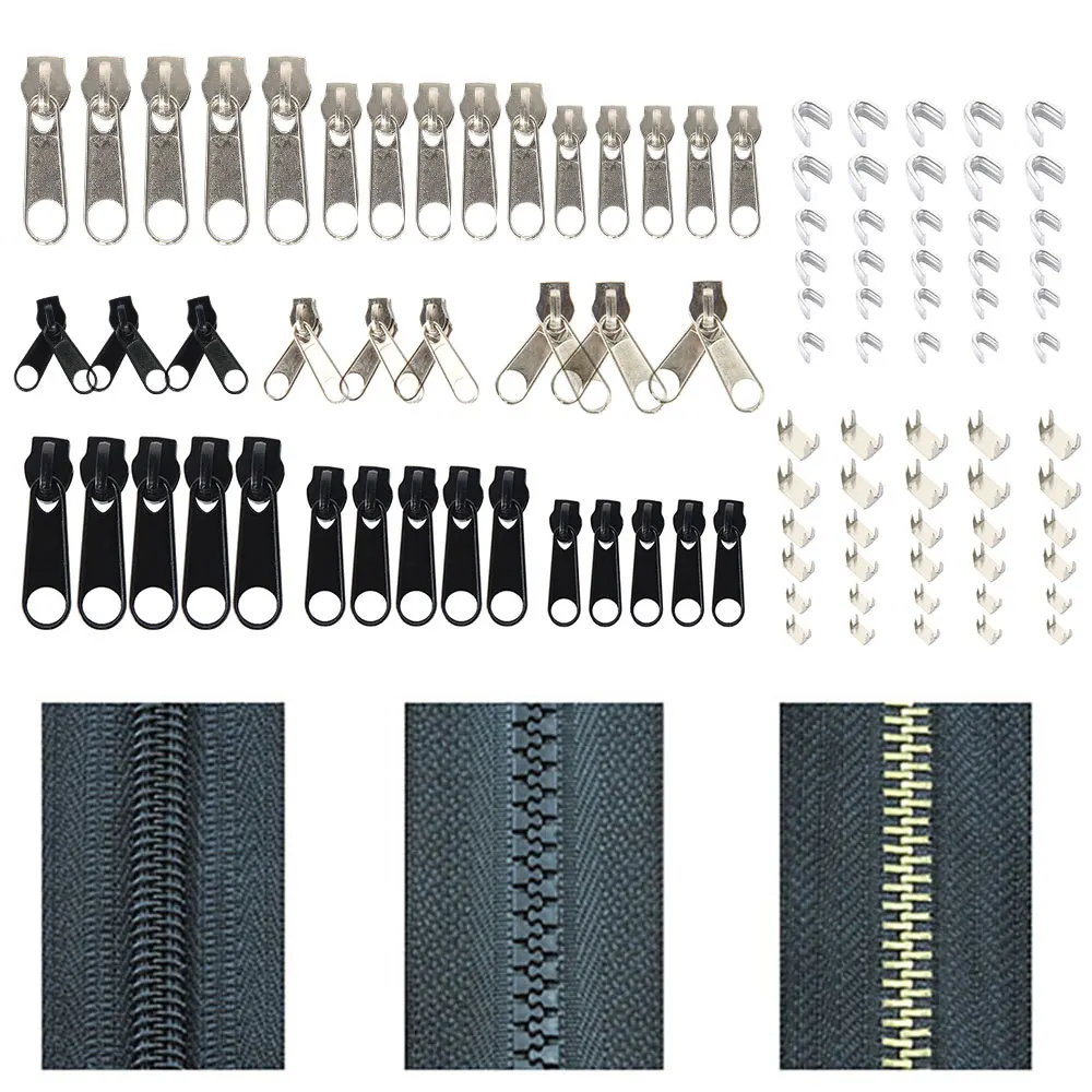 84Pcs Replacement Zipper Zip Repair Metal Mend Jacket Coat Trouser DIY Fixer Kit