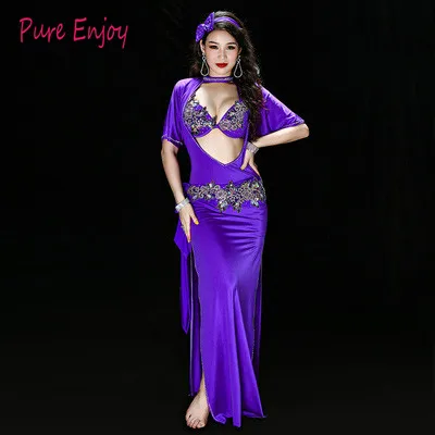 Красный Фиолетовый Костюм Танца Живота 5 Шт. Набор Женщины Bellydance Роскошный Египетский Стиль Galabeya Танцевальное Платье Спектакли - Цвет: Фиолетовый