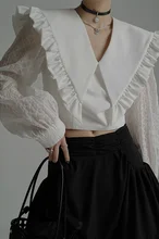 

2022 Spring Women Angel Collar Stitching Folded Ruffles Long Sleeve Shirt