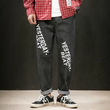 

2019 autumn Japanese printing Cotton straight jeans men loose tide brand ins nine pants male handsome hip hop Japan Style