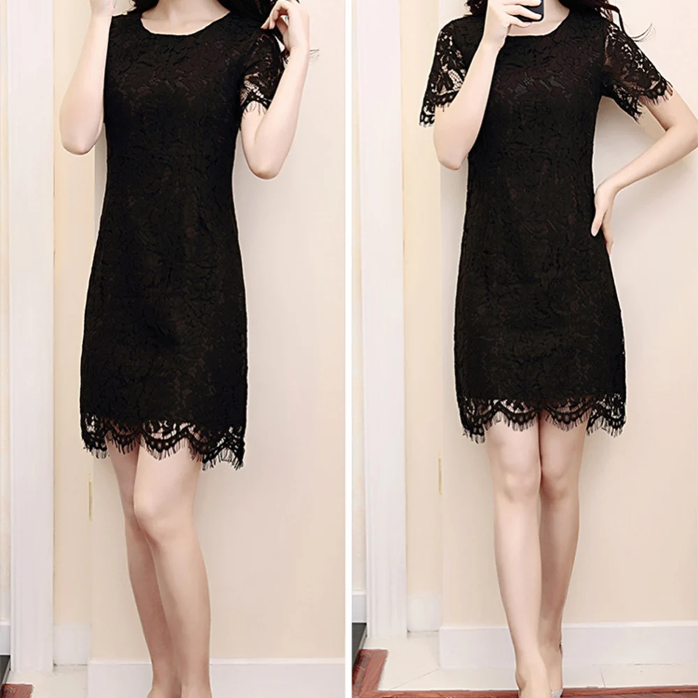 Summer Women fashion lace Dress Round Neckline Short Sleeves Crochet Lace Dress