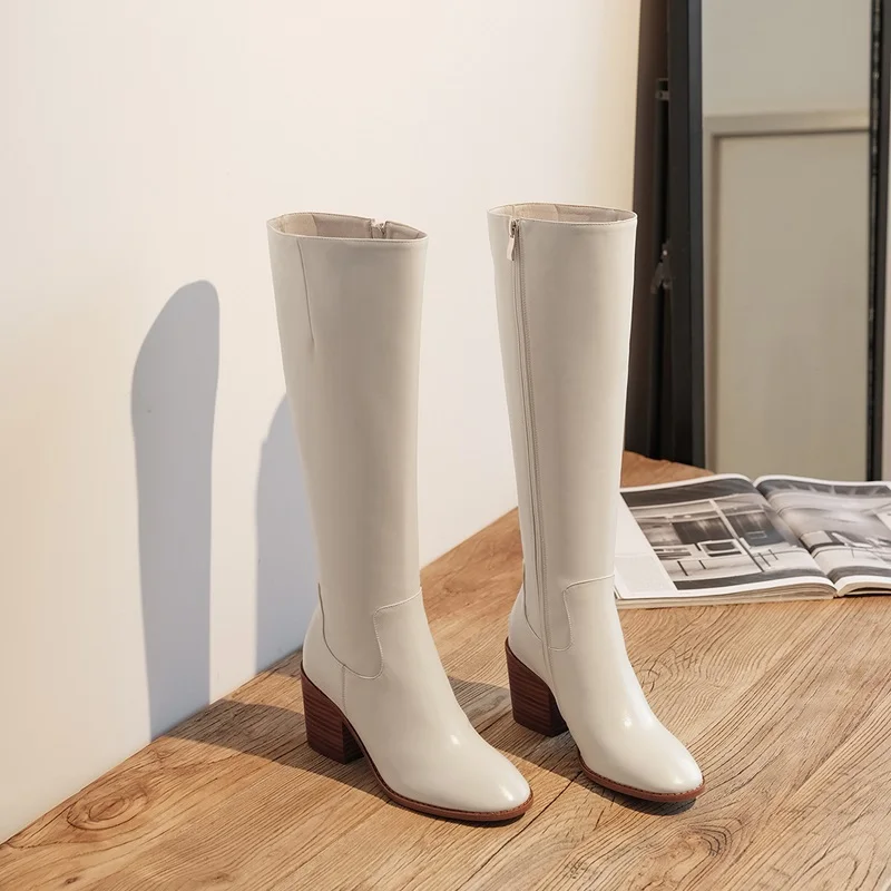 beige ZVQ/Новые выразительные зимние сапоги до колена теплая женская обувь из натуральной кожи с квадратным носком на высоком каблуке Прямая поставка; размеры 34-43 - Цвет: beige