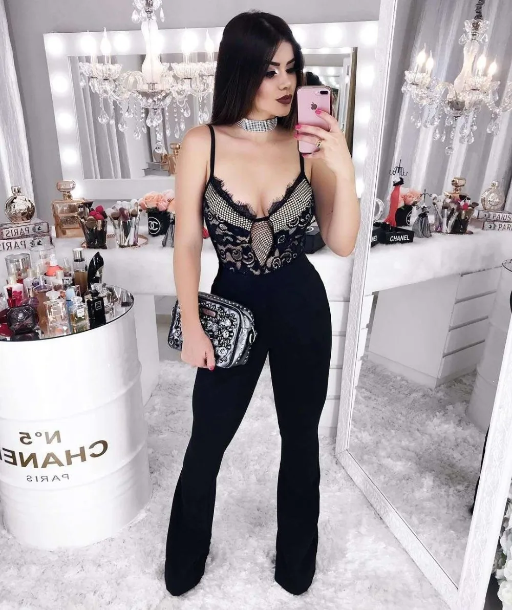 

High Quality Sexy Women Jumpsuit Sequined V-Neck Mesh Hollow Up Black Bandage Straight Full Jumpsuit Hot Sale