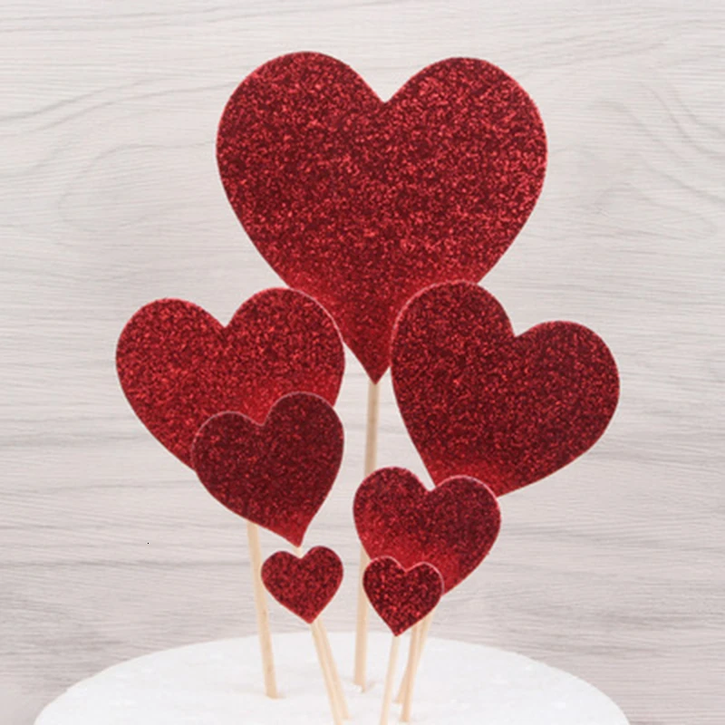 7pcs Red Gold Heart Shape Cake Topper Cupcake Topper Cake Decorations For Wedding Birthday Party Decoration