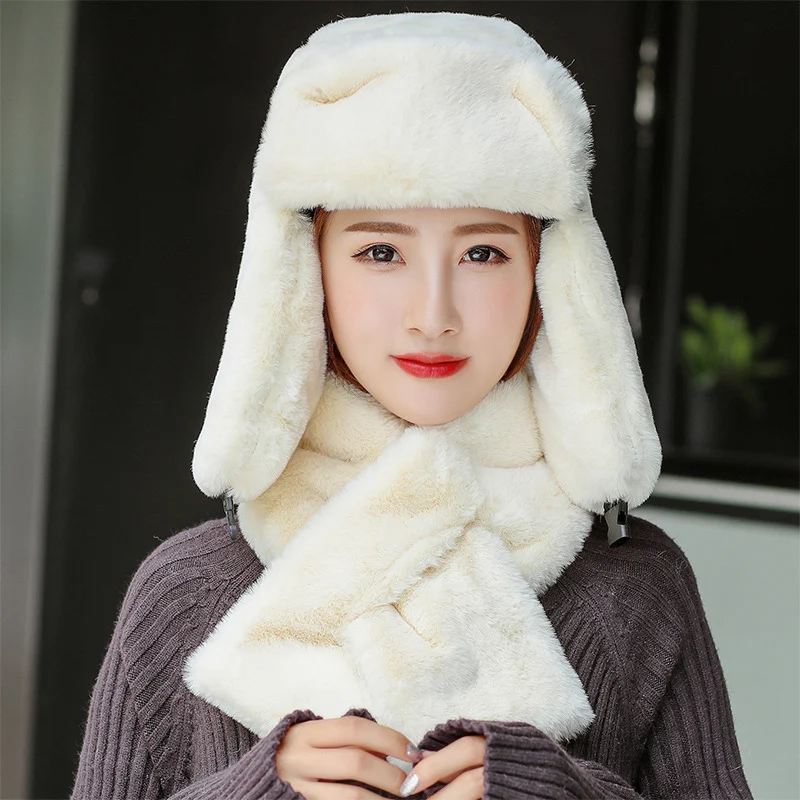 Beige Set Зимняя женская теплая шапка с лепестками, одноцветная Толстая зимняя шапка для девочек, шапка с шейным клапаном и шарфом, зимняя спортивная шапка с флисовой подкладкой - Цвет: Beige Set