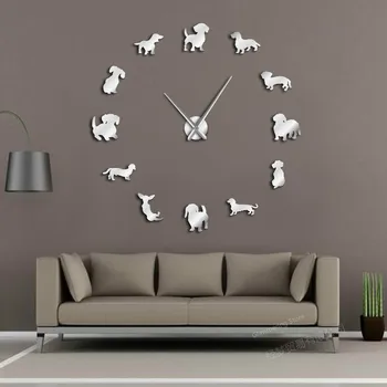 

JINGMENG DIY Large Wall Clock Popular Dog Breed Sausage Dog Doxie Giant Modern Wall Watch Wiener Dog Wall Art Pet Shop Decor