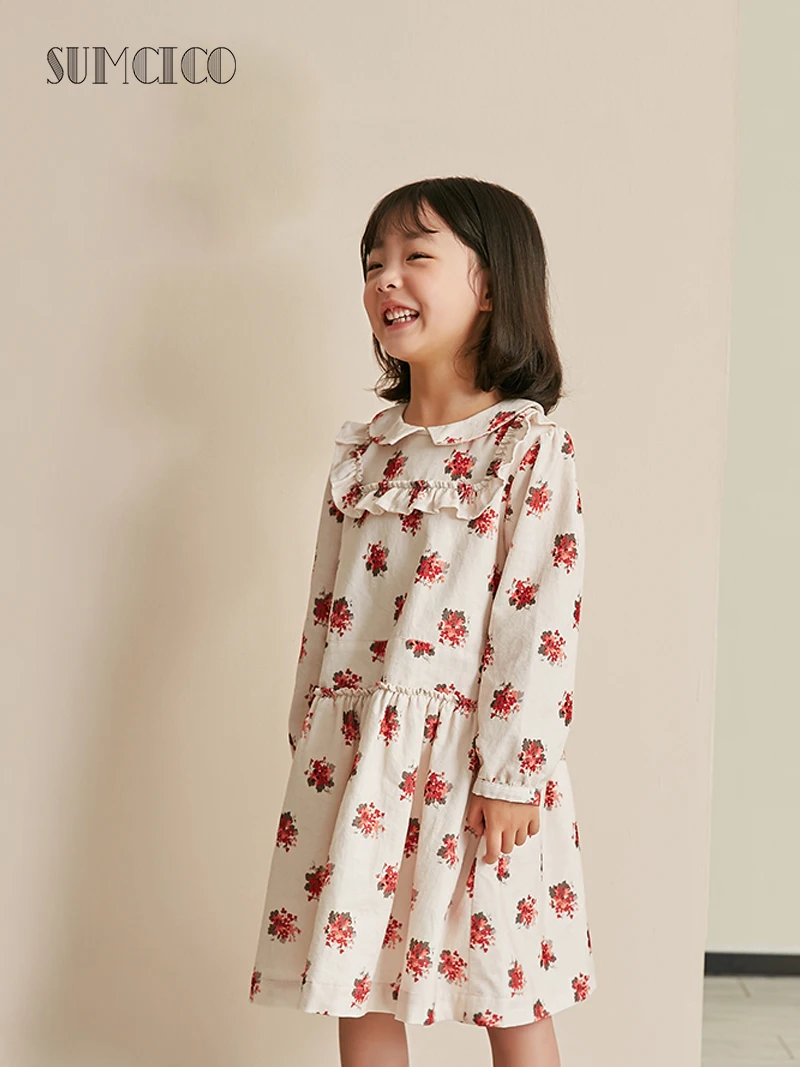 

Sumcico 2020 Latest Girl's Ruffle Collar Long Sleeve Princess Party Wedding Flower Cordury Dress Baby girl's Cute Dress Age2-14Y