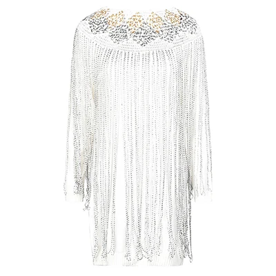 Star Style Women Knitted Sweater Tassel Sequins Beads Knitwear White Long Sleeve Outerwear Luxury Pullover O-Neck High Street - Цвет: White