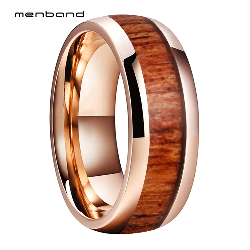 Rose Gold Tungsten Ring Wedding Band For Men Women With Koa Wood Inlay Domed Polished Comfort Fit 8MM | Украшения и аксессуары