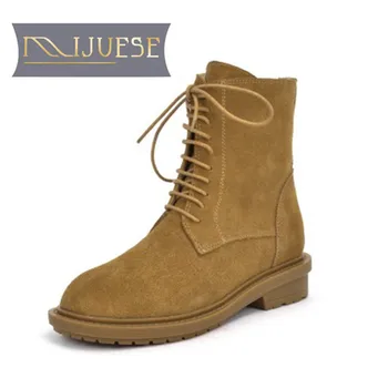 

MLJUESE 2021 women Ankle boots Cow leather Winter short plush Round Toe Zipper Med heels female boots size 42