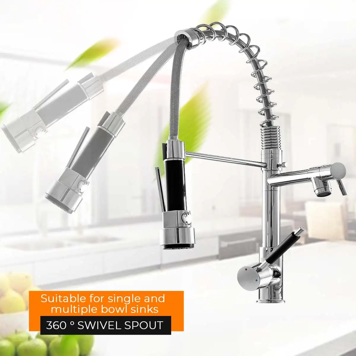 Kitchen Chrome Pull Out Side Spring Faucet Sprayer 360 Rotation Dual Spout Single Handle Mixer Tap  - 4000322347176