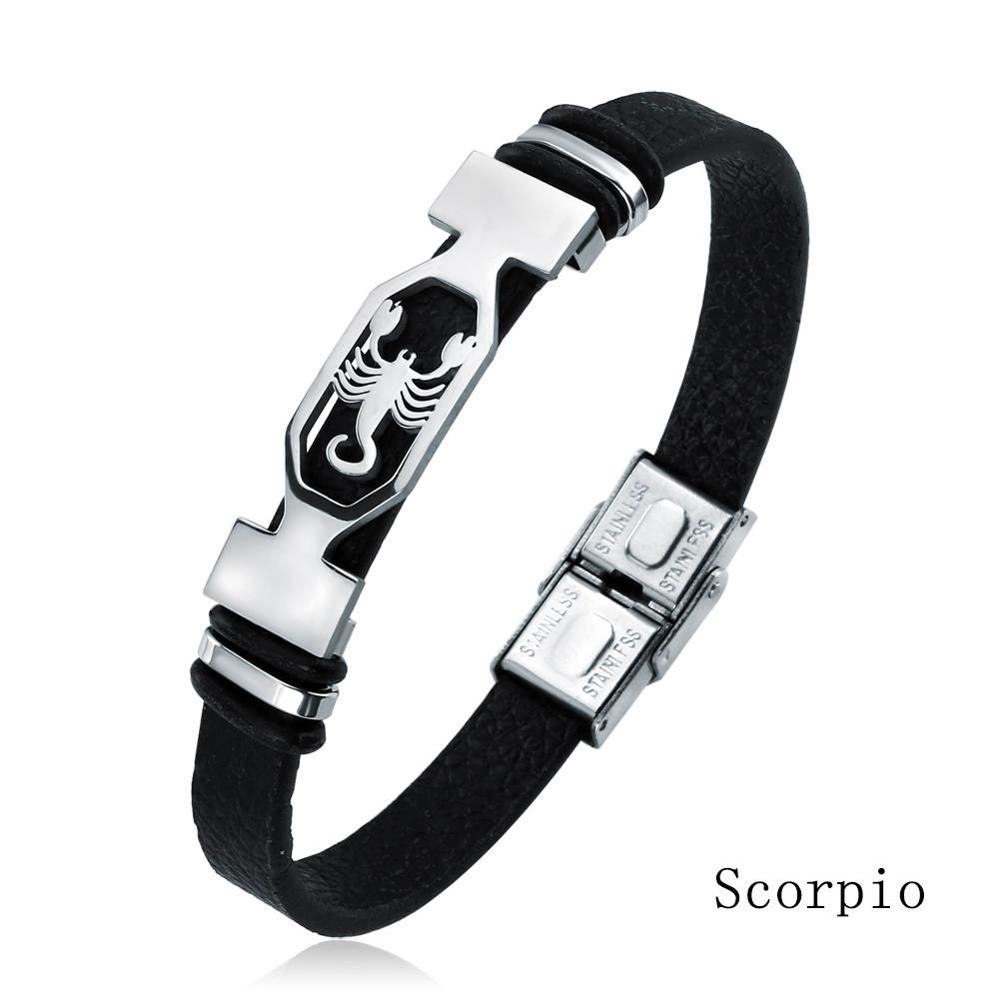 12 Constellation Stainless Steel Cuff Bracelet Men Women Zodiac Sign Black Leather Wrap Bracelet Jewelry Pulseras Hombre - Bracelets