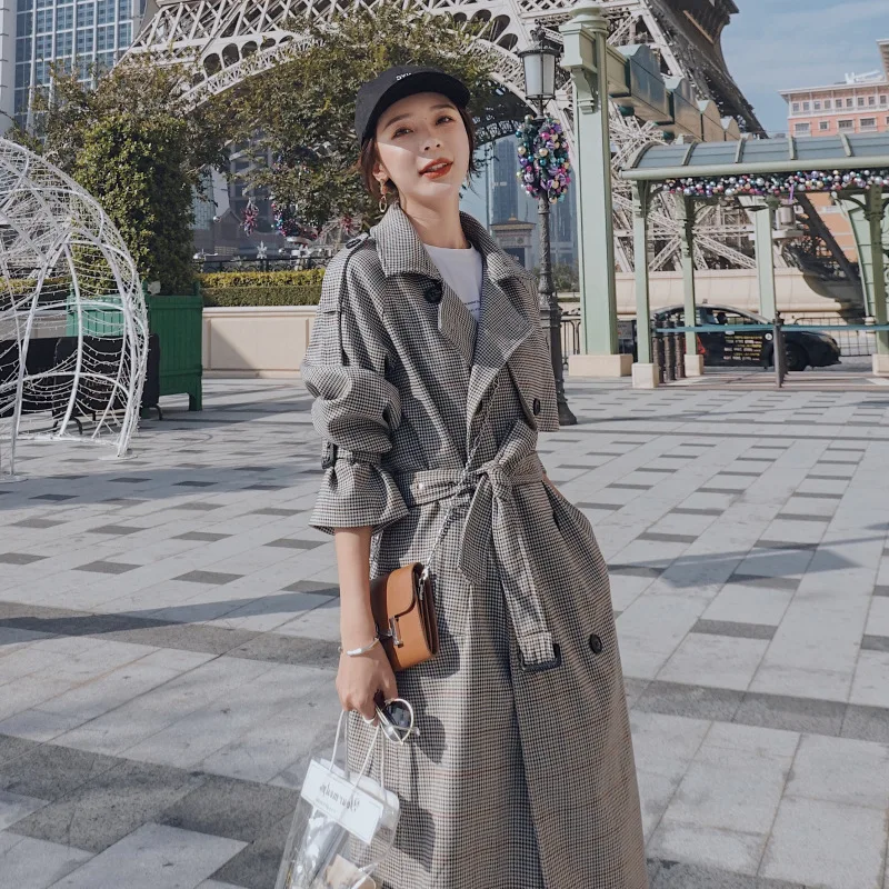 

Photo Shoot Plaid Overcoat Women's Mid-length 2020 Popular Spring And Autumn New Style Elegant over-the-Knee College Style Trenc