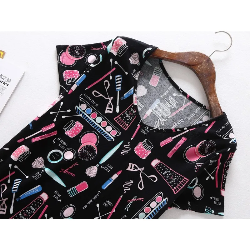 Summer Women Casual Cartoon Sleep Dress Ladies Cotton Nightgown Female Short Sleeve Black Home Dress Plus Size Sleepshirt