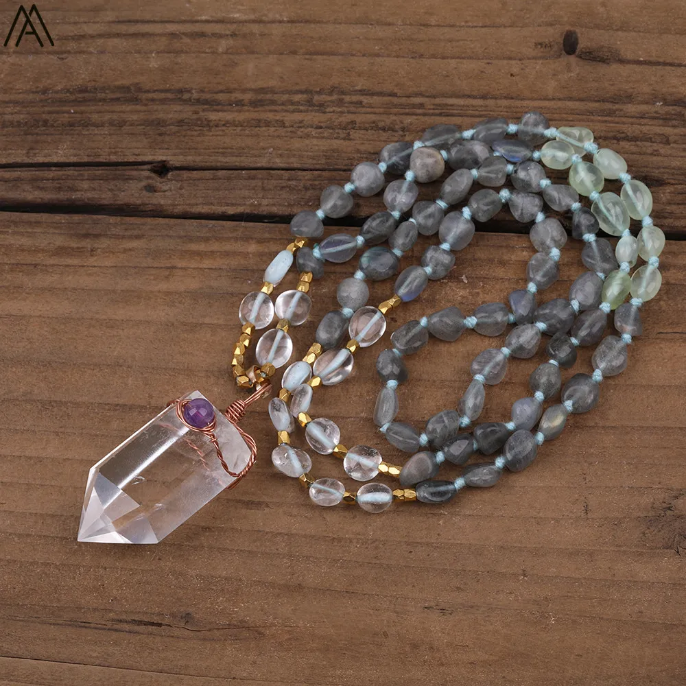 6-8mm Natural White Quartz Point Pendant Labradorite Beads Handmade Knot Necklace Multi Layer Long 32 Inch FR-221AMCH | Украшения и