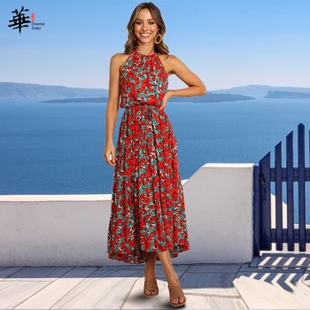 

Summer Multicolor Tropical Jungle Leaf Maxi Dress Women Floral Print with Sashes Boho Long Dresses Halter Sleeveless Dress Robe