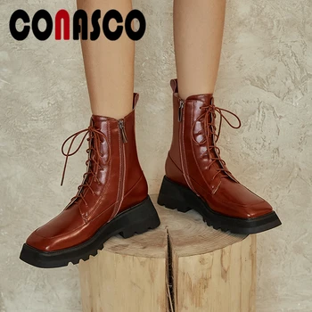 

CONASCO Genuine Leather Women Ankle Boots Autumn Winter Thick Heels Shoes Woman New Platforms Cross-Tied Zipper Square Toe Boots