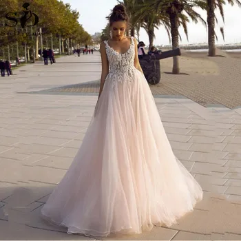 

Tulle Princess Wedding Dress V-neck Backless 3D Lace Appliques Boho Bridal Dresses plus Size Wedding Gowns vestido de noiva