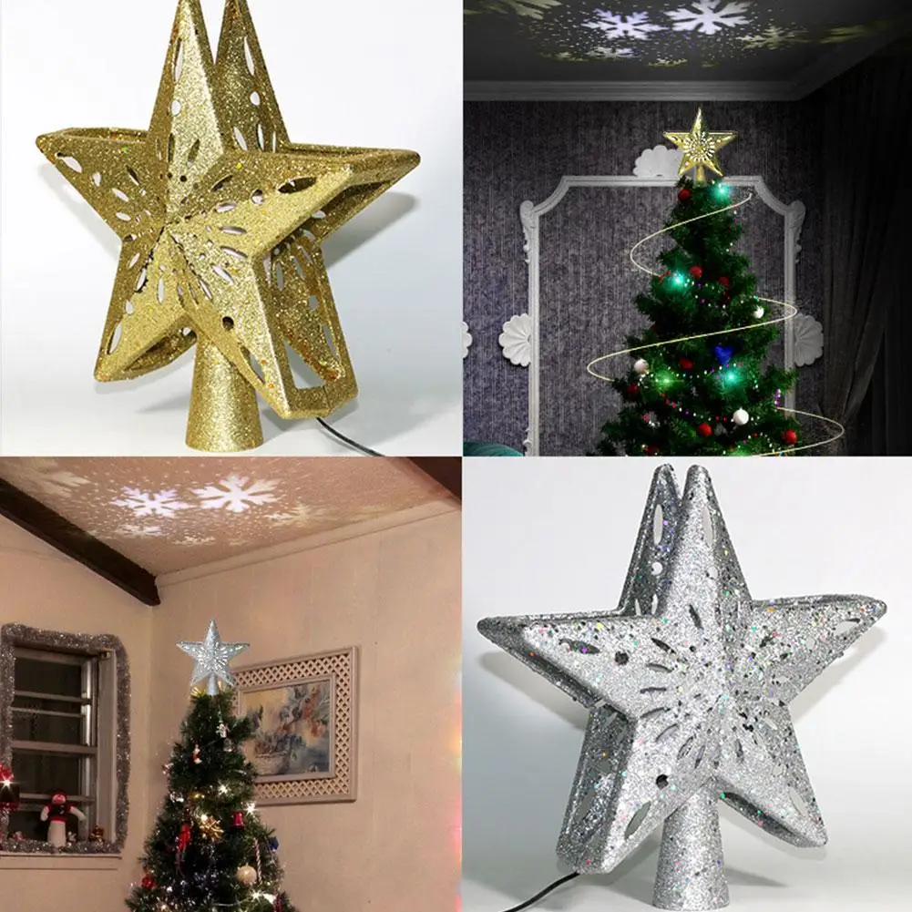 Silver 3D Hollow Glitter Lighted Tree Topper with White Rotating Snowflake LUNSY Christmas Snowflake Tree Topper Projector Festival Lights for Christmas Tree Decorations