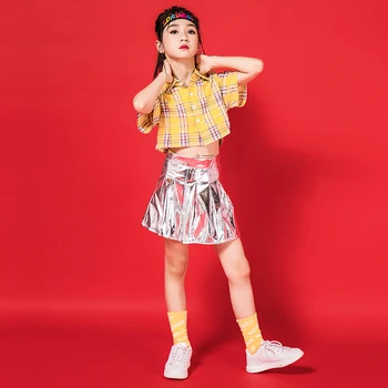

New Children'S Day Jazz Performance Costume Girls Hip Hop Yellow Top Silver Skirt Kids Street/Modern Dance Stage Outfit DQL1747