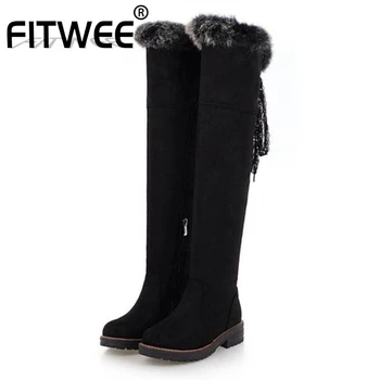 

FITWEE 2020 New Arrival Black Boots Winter Autumn Flats Daily Fur Over Knee Boots Warm Cross Strap Shoes Woman Size 34-43