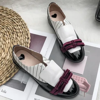 

Women's genuine leather slip-on flats oxfords leisure mix color patchwork slipons high quality bowtie cute student loafers shoes