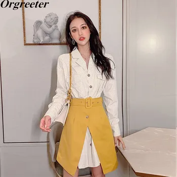 

Women's Sets Long Sleeve Striped Long Shirt Dress High Waist Split Mini Skirt Fashion Two Piece Set 2019 Autumn New