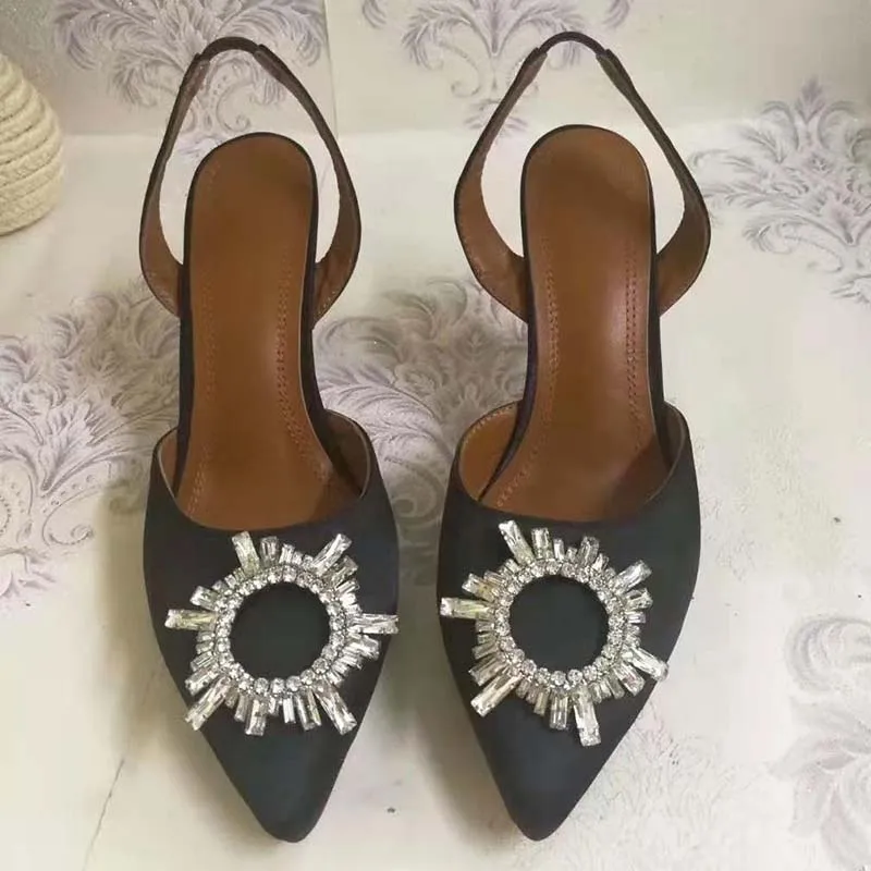 Босоножки со стразами; женская обувь с острым носком; Подсолнух с кристаллами; цвет радуги; необычные туфли на высоком каблуке; женская пикантная Свадебная обувь - Цвет: black satin