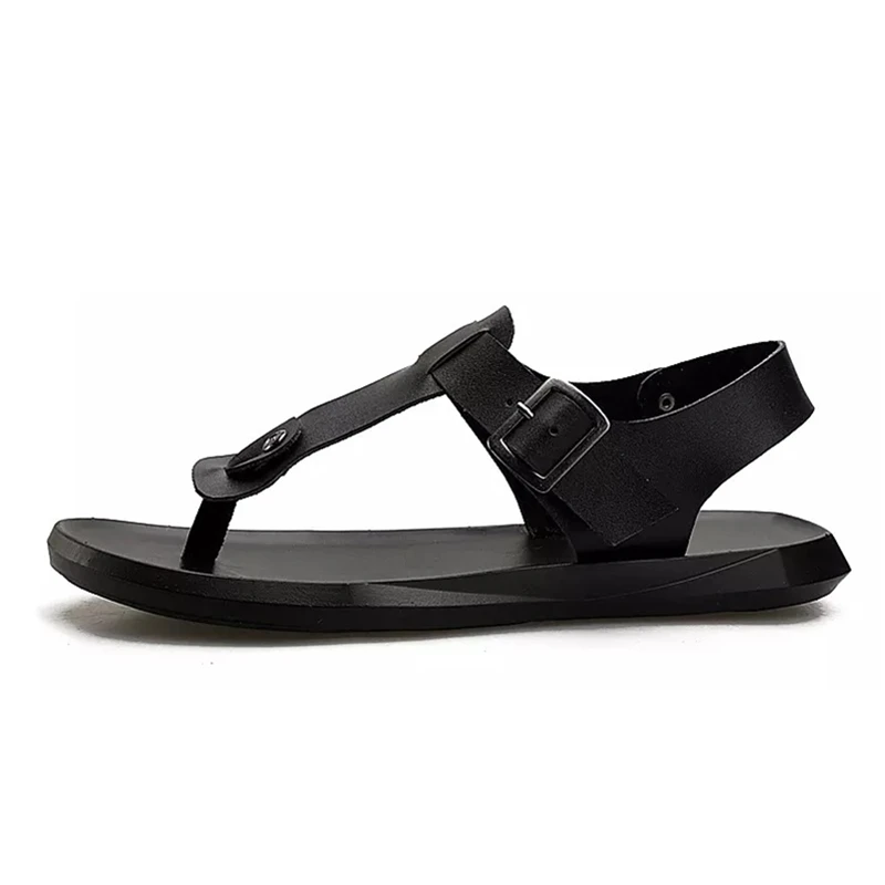 Genuine Leather Sandals Men Shoes for Summer Solid Gladistor Sandals Filp Flop with Ankle Strap Hard Floding Flat Beach Shoes