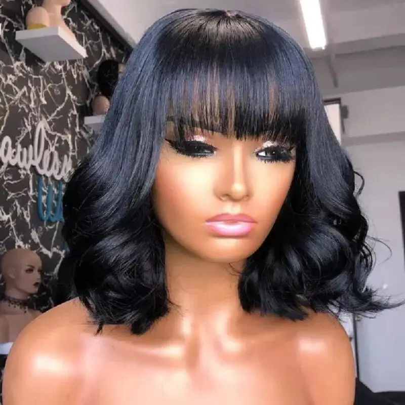 Magic Love Short Wavy Wig With Bangs Natural Lace Front Human Hair Wigs Brazilian Remy Hair Wigs  PrePlucked For Black  Women