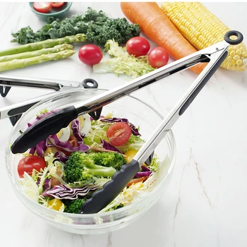

Stainless steel Silicone BBQ Tong Salad Bread Serving Tong Non-Stick Kitchen Barbecue Grilling Cooking with Joint Lock Clip