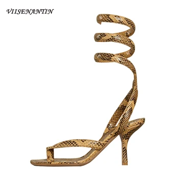 

Snake Winding Women Sexy Sandals Thin Heel 2020 New Clip-on Sandalias Mujer Real Leather Summer Brown Beige Runway Sandal