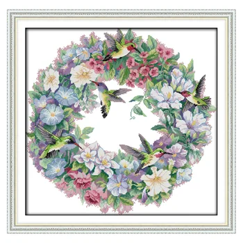 

2017 New Flower Wreath Birds DIY Handmade Needlework Counted 14CT Printed Cross Stitch Embroidery Kit Set Home Decoration