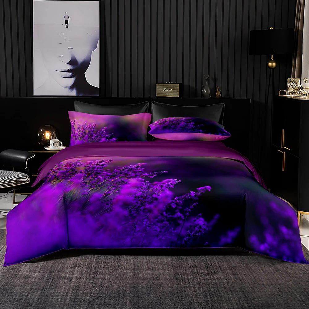 Purple Bedding Set Romantic Style Duvet Quilt Cover Pillowcase 3D Lavender Print for Queen King Size Set