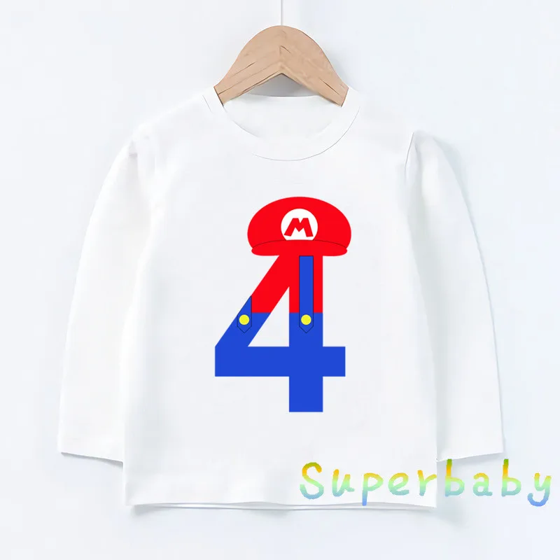 Детская футболка с принтом «Happy Birthday Super Mario» и цифрой 1-9, Забавные топы с рисунками для маленьких мальчиков и девочек, Детская футболка с длинными рукавами, LKP5233