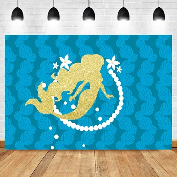 

Gold Shiny Mermaid Backdrop Newborn Baby Shower Pearl Flower Blue Photo Background Photophone