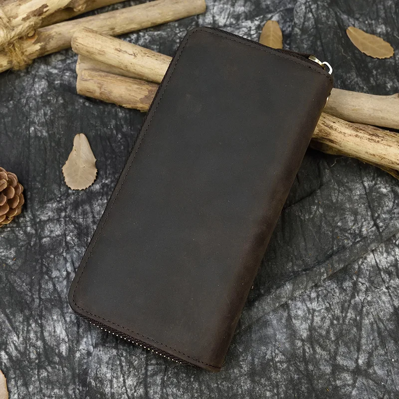 Retro Crazy Horse Leather Purse for Men Clutch Purse Double Zipper 24 Cards Clutches Vintage Woman Genuine Leather Long Wallet 3