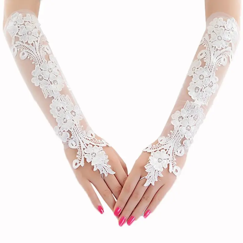 Lace Gloves Wedding Dress Gloves Wedding Sleeves Elegant Sweet Embroidery Floral Lace Fingerless Long Gloves For Women/Girls Wedding Party