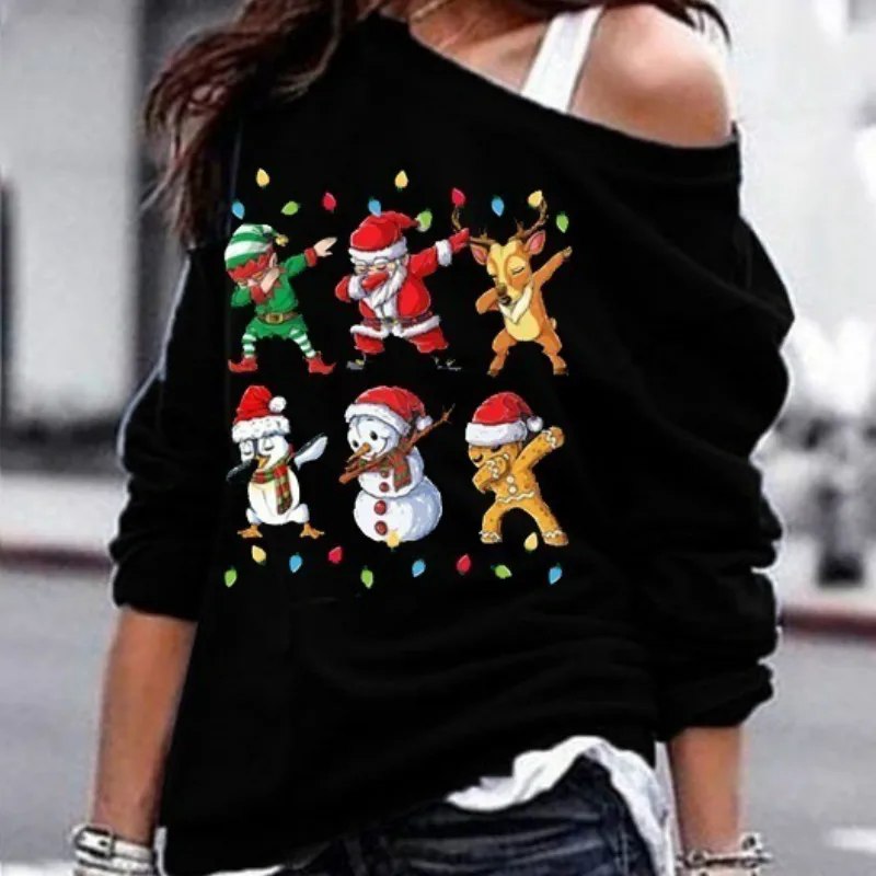 Рождественские свитшоты с заниженным плечом, винтажные осенние свитшоты с принтом снеговика, женские толстовки с капюшоном, повседневные топы с длинным рукавом размера плюс 5XL