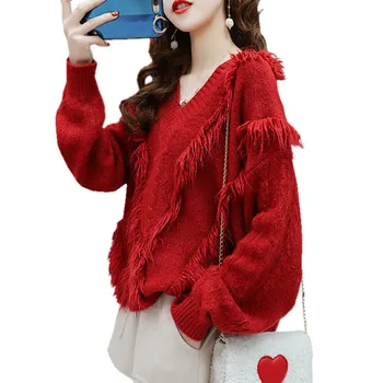 

Knit sweater women's autumn and winter new V-neck pullover tassel loose lazy style temperament elegant wild sweater