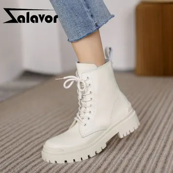 

ZALAVOR Real Leather Women Ankle Boots Flats Mixed Color Shoes Round Toe Warm Boots Women Party Footwear Size 34-39