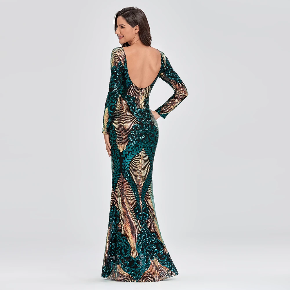 O-neck Long-Sleeve Shinning Sequins Evening Dresses Sexy Backless Mermaid Party Gowns Maxi Elegant Multi Female Robes vestidos