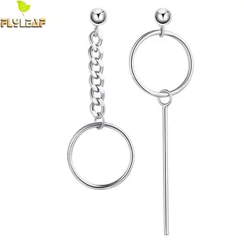 

Flyleaf Asymmetry Geometric Circle Long Drop Earrings For Women Real 925 Sterling Silver Fine Chain Earings Fashion Jewelry