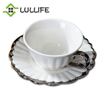 

Silver Edge Coffee Cup Ceramic Cup and Saucer Mini Coffee Mug Vintage Tea Cup and Saucer Set Home Kitchen Accessories Drinkware