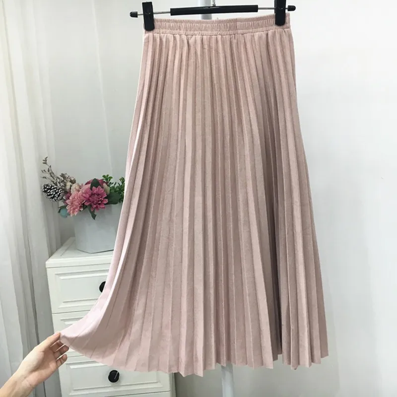 Женская новая осенне-зимняя эластичная юбка с высокой талией однотонная плиссированная юбка из замши трапециевидной формы
