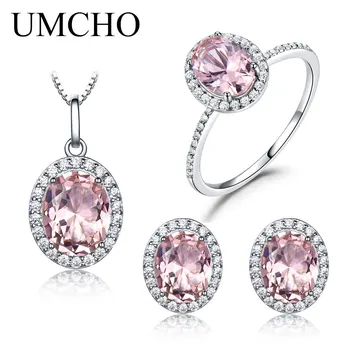 

UMCHO 925 Sterling Silver Jewelry Set Pink Sapphire Ring Pendant Necklaces Stud Earrings For Women Wedding Party Jewelry Sets