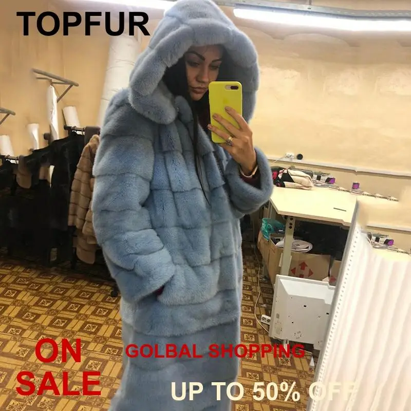 Женская длинная куртка из меха норки TOPFUR теплая небесно голубого цвета с мехом